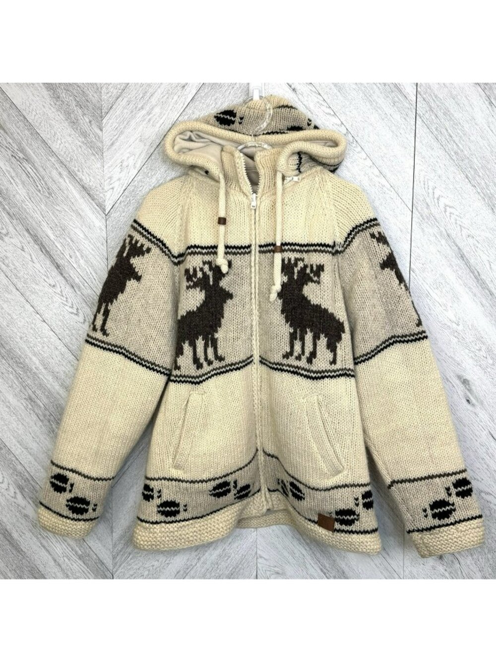 Northern Hand Knit Wool Moose Full Zip Sweater Jacket Fleece Lined Mens Medium